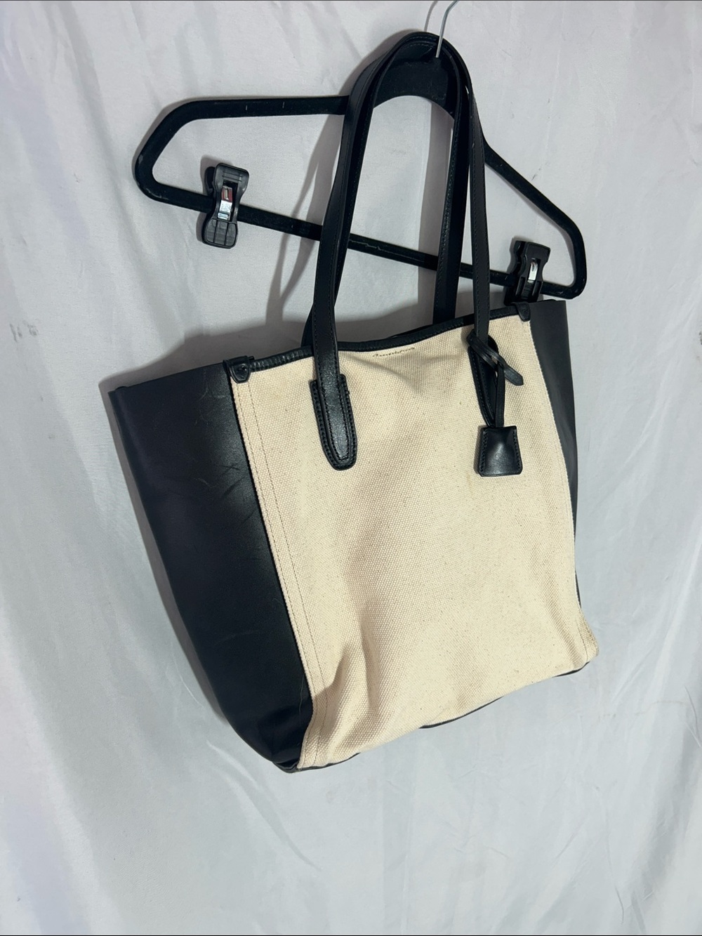 J. Crew Cream Canvas and Black Leather Tote